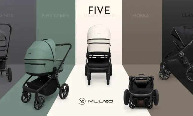 Wózki spacerowe Muuvo w różnych kolorach: Iron Graphite, Pine Green, Five Desert Sand, Mokka i Classic Black.