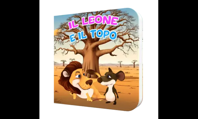 Copertina libro "Il leone e il topo", divisione in sequenze. Un leone riposa sotto un albero mentre un topolino lo osserva.