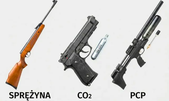 Wiatrówka na gaz CO2 obok pistoletu i karabinka PCP.