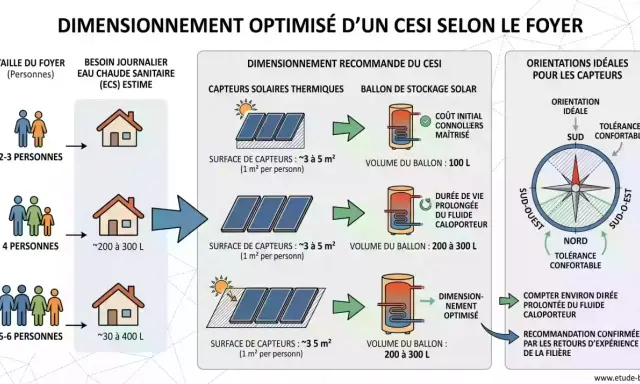 Schéma de dimensionnement d'un CESI pour un foyer, incluant la taille des capteurs solaires thermiques et le volume du ballon de stockage.