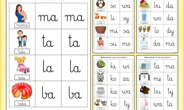 Kolorowe karty z czytanki sylabowe do druku. Pomagają w nauce czytania dwusylabowych wyrazów, ilustrując słowa takie jak "mama", "tata", "lala", "baba".