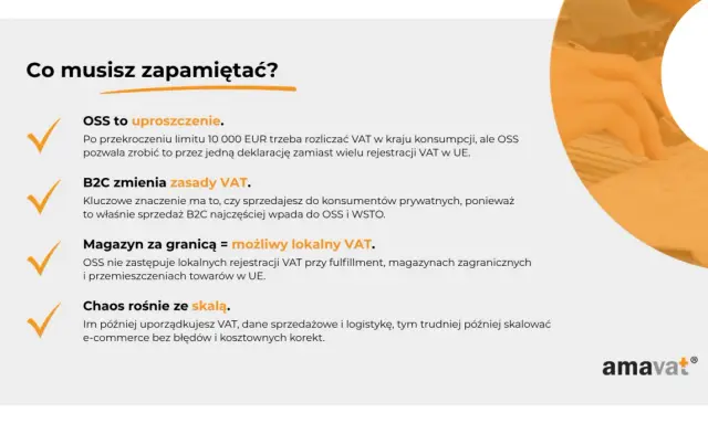 Co musisz zapamiętać? OSS upraszcza rozliczenia VAT przy sprzedaży B2C, magazyn za granicą to lokalny VAT, a chaos rośnie ze skalą. Unikaj problemów z cross border.