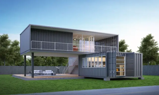 Maison en container moderne, deux niveaux, avec terrasse et escalier extérieur. Le prix de cette maison en container est attractif.