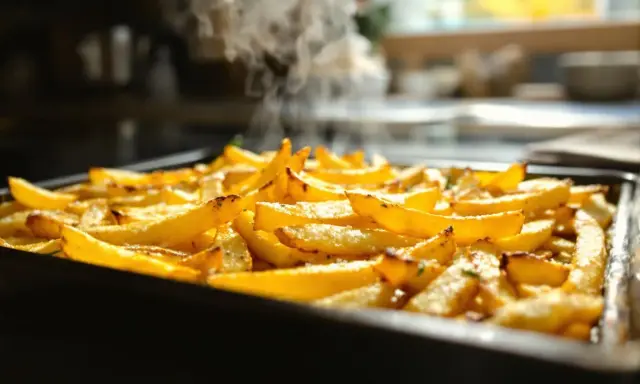 Une plaque de frites au four dorées et fumantes, prêtes à être dégustées.