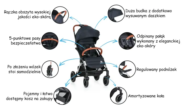 Wózek spacerowy Petite&Mars z rączką i pałąkiem z eko-skóry, dużą budką, 5-punktowymi pasami, regulowanym podnóżkiem, amortyzowanymi kołami i pojemnym koszem.