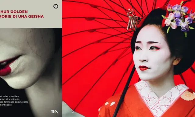 Copertina di "Memorie di una geisha" con una geisha in primo piano e un dettaglio delle labbra.