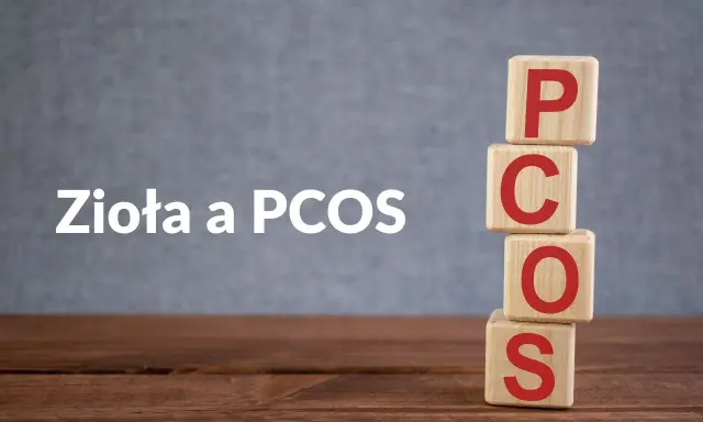 Drewniane klocki z literami PCOS ułożone w stos. Obok napis "Zioła a PCOS", sugerujący naturalne wsparcie w leczeniu.