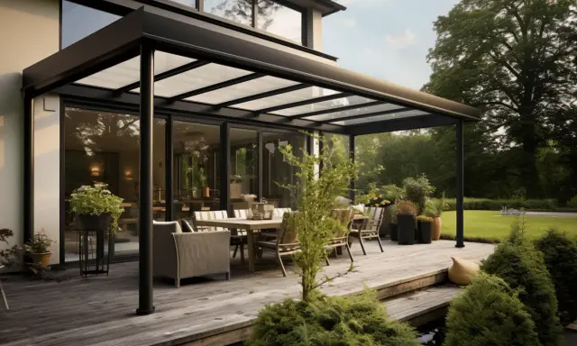 Une terrasse en bois avec une table et des chaises sous une pergola moderne. L'emprise au sol de la pergola crée un espace de vie extérieur accueillant.