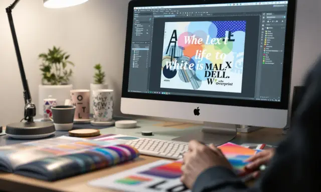 Grafik projektuje materiały z wykorzystaniem druku białym kolorem. Na ekranie komputera widać projekt graficzny z tekstem i kolorowymi kółkami.