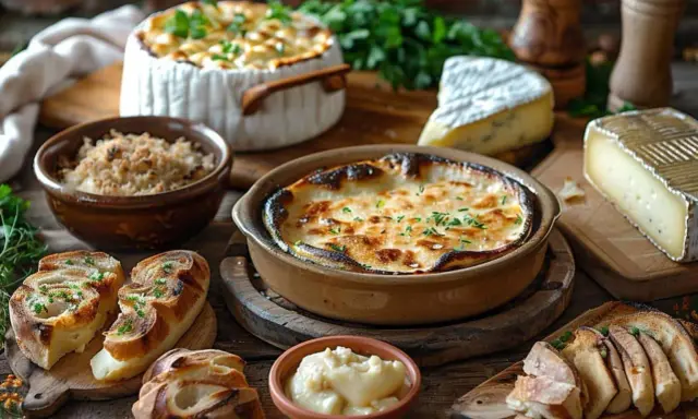 Plats gratinés et fromages, un festin de spécialités Auvergne. Pain grillé, herbes fraîches et ambiance rustique.