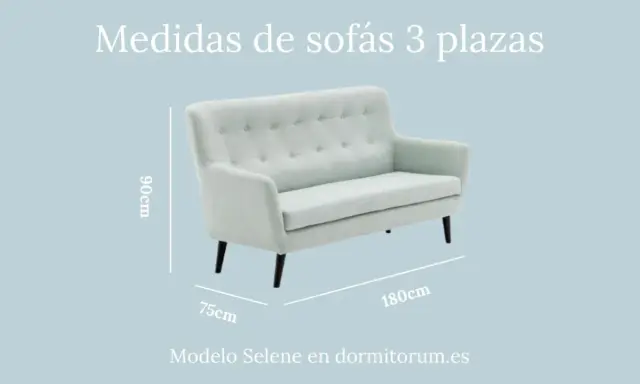 Sofá de 3 plazas modelo Selene. Medidas: 180cm ancho, 90cm alto, 75cm fondo.