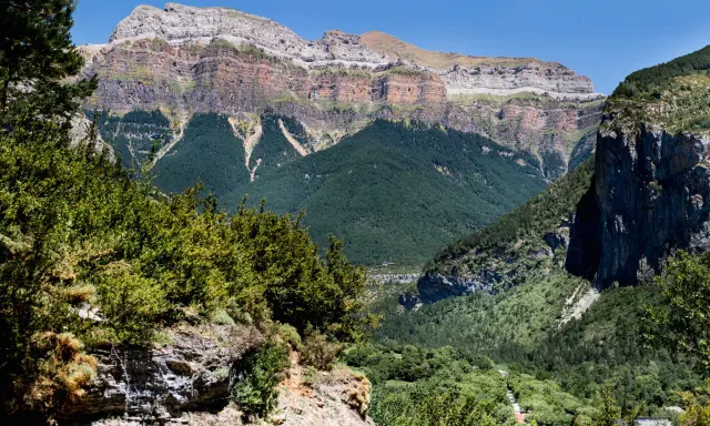 Paisaje de Ordesa y Monte Perdido con niños explorando senderos entre bosques frondosos y imponentes montañas.