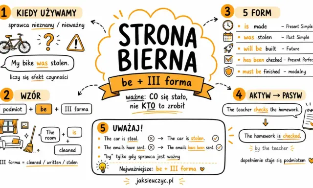 Grafika wyjaśnia stronę bierną w języku angielskim. Podkreśla, że ważniejsze jest to, co się stało, a nie kto to zrobił. Przykład: "My bike was stolen".