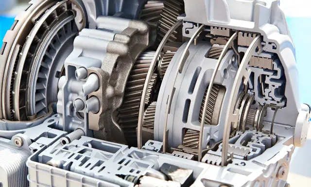 Przekładnia hydrokinetyczna, czyli hydrauliczna skrzynia biegów, z widocznymi kołami zębatymi i elementami sterującymi.