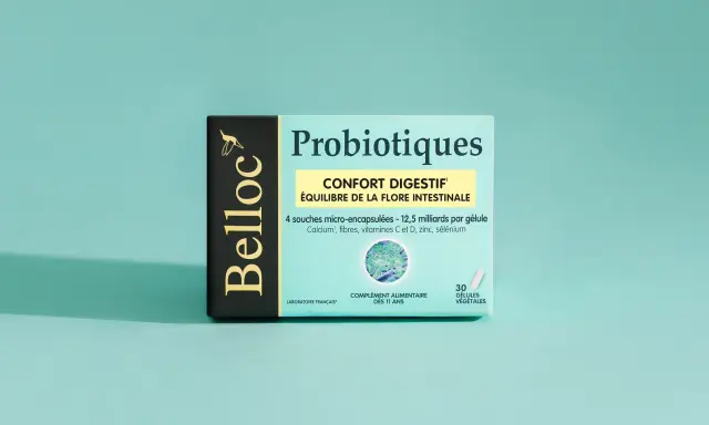Boîte de probiotiques Belloc pour le confort digestif et le ventre gonflé. Équilibre de la flore intestinale.