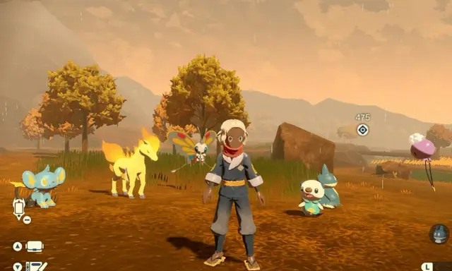 Postać z gry Pokemon Legends Arceus stoi na tle jesiennego krajobrazu z kilkoma Pokémonami: Shinx, Ponyta, Butterfree, Oshawott i Snorunt.