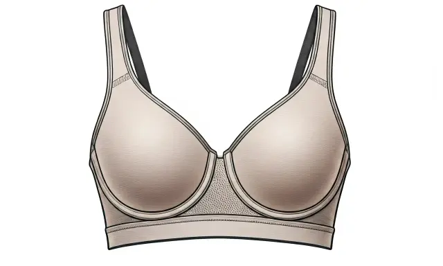 Reggiseno sportivo color carne, con spalline nere e dettagli in rete. Un classico reggiseno in francese, perfetto per ogni attività.