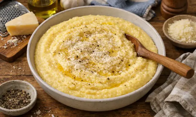 Polenta crémeuse dans un bol, garnie de parmesan râpé et de poivre noir, avec une cuillère en bois.