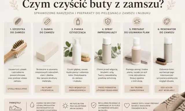 Szczotka, gumka, pianka, spray, preparat i renowator do czyszczenia zamszu.