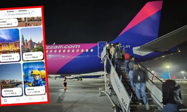 Loty z Bari do Katowic? Aplikacja pokazuje tanie loty do Londynu, Sztokholmu, Krakowa, Göteborga i Billund. Pasażerowie wsiadają do samolotu Wizz Air.