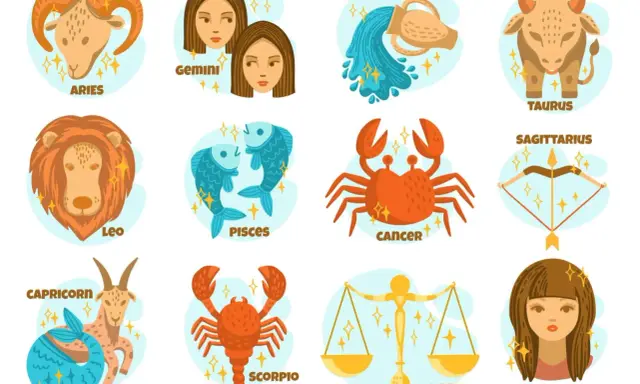 Ilustracja przedstawia znaki zodiaku: Baran, Bliźnięta, Wodnik, Byk, Lew, Ryby, Rak, Strzelec, Koziorożec, Skorpion, Waga i Panna.