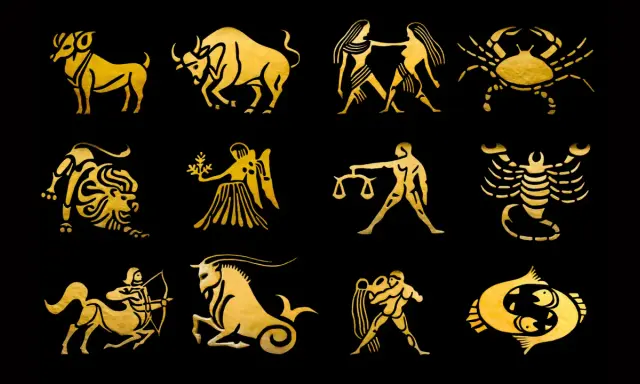 Dodici simboli dorati del **segno zodiacale** su sfondo nero, come un **quarzo citrino** che illumina il cielo notturno.