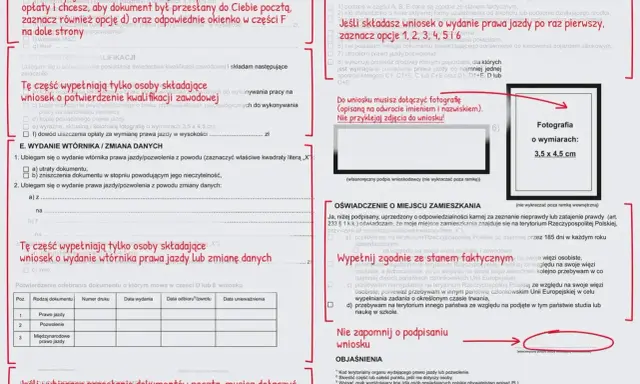 Wniosek o wydanie prawa jazdy po 10 latach: zaznacz opcje 1-6, dołącz zdjęcie 3,5x4,5 cm.