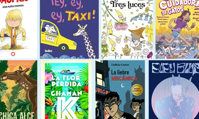Colección de libros infantiles, incluyendo "Dagfrid, una niña vikinga", "¡Ey, ey, ey, TAXI!", "Tres luces" y "Caty la cuidadora de gatos", ideales como libros para niños de 8 años.