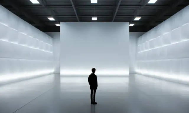 Una persona solitaria contempla una pared blanca en un espacio minimalista e iluminado.