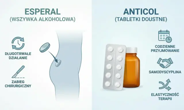 Esperal (wszywka) i Anticol (tabletki) to metody leczenia alkoholizmu. Esperal działa długotrwale po zabiegu, Anticol wymaga codziennego przyjmowania.