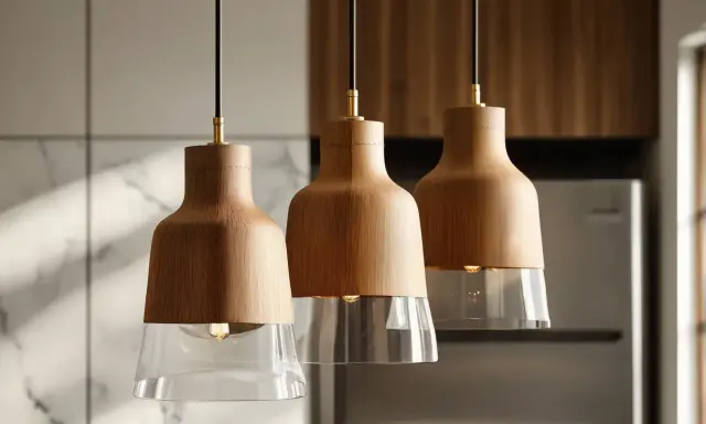 Trzy wiszące lampy z drewnianymi kloszami i szklanymi elementami. Idealne, by rozjaśnić kuchnię, zastanawiasz się, ile lumenów do kuchni potrzebujesz?