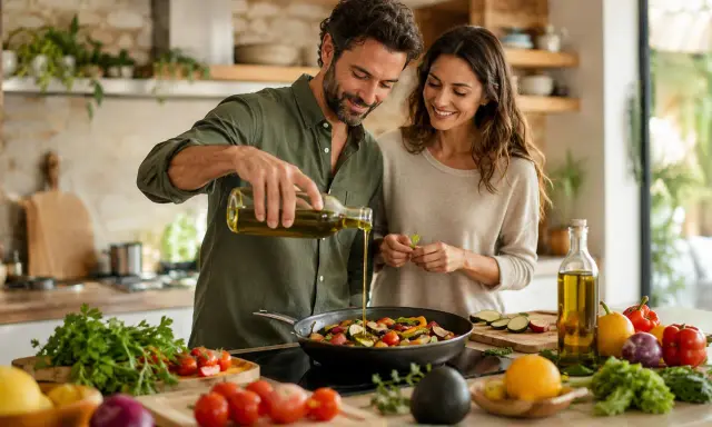 Pareja sonriente cocina verduras en sartén. Él vierte aceite de oliva, ella prepara hierbas. Se puede cocinar con aceite de oliva.