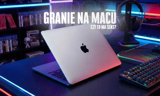 MacBook z podświetlaną klawiaturą i słuchawkami gamingowymi. Czy granie na Macu ma sens?