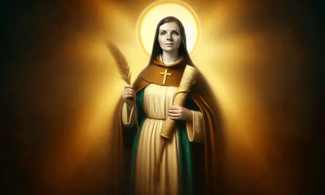 Święta Sara z gałązką i zwojem, otoczona złotym blaskiem.