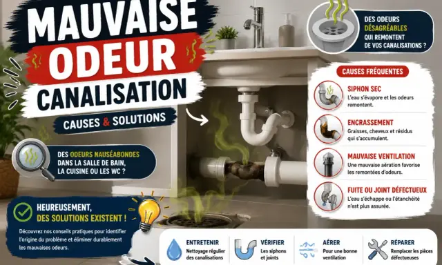 Infographie sur la mauvaise odeur canalisation : causes (siphon sec, encrassement, mauvaise ventilation, fuite) et solutions (entretenir, vérifier, aérer, réparer).