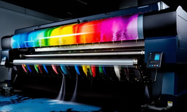 Impresora offset de gran formato imprimiendo un arcoíris vibrante y vívido.