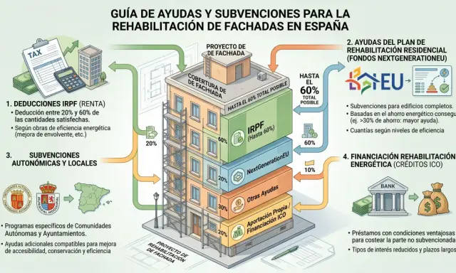 Guía de ayudas para rehabilitación de fachadas: desgravación renta eficiencia energética, subvenciones, fondos NextGenerationEU y financiación ICO.