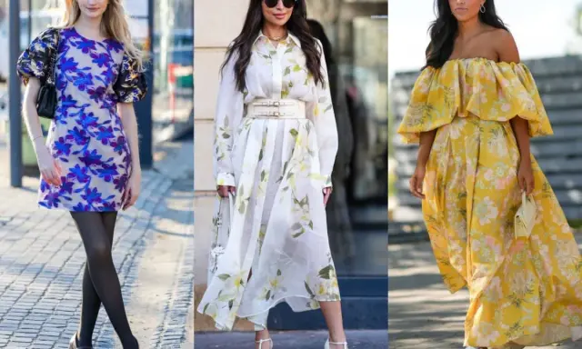 Trzy kobiety w kwiecistych sukienkach. Pierwsza w mini, druga w midi, trzecia w maxi. Jakie buty do sukienki w kwiaty? Zobacz inspiracje!