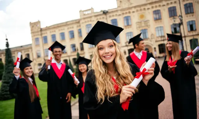 Uśmiechnięci absolwenci w togach z dyplomami. To piękny moment, by zacząć studia, gdy ma się 18 lat.