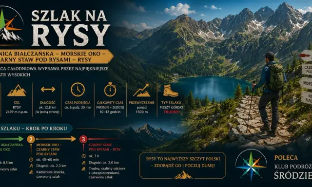 Wędrowiec na szlaku na Rysy, z widokiem na Morskie Oko i majestatyczne Tatry. Trasa prowadzi przez malownicze krajobrazy.