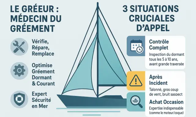 Illustration d'un voilier avec une voilure stylisée, expliquant le rôle du gréeur pour la sécurité et l'entretien du gréement.