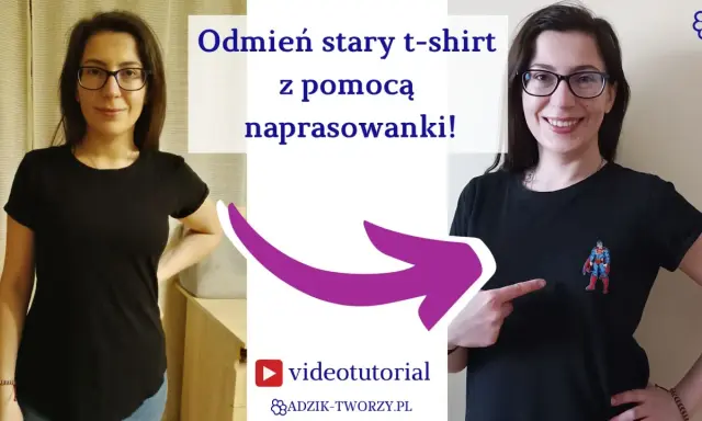 Kobieta pokazuje, jak odmienić stary t-shirt, dodając naszywkę z Supermanem. To prosty sposób na diy t shirt!