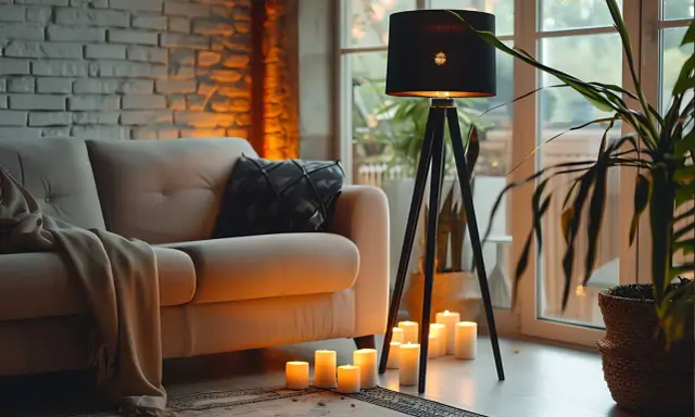 Przytulny salon z kanapą, dywanem i lampą stojącą chrom. Wokół lampy płoną świece, tworząc ciepłą atmosferę.