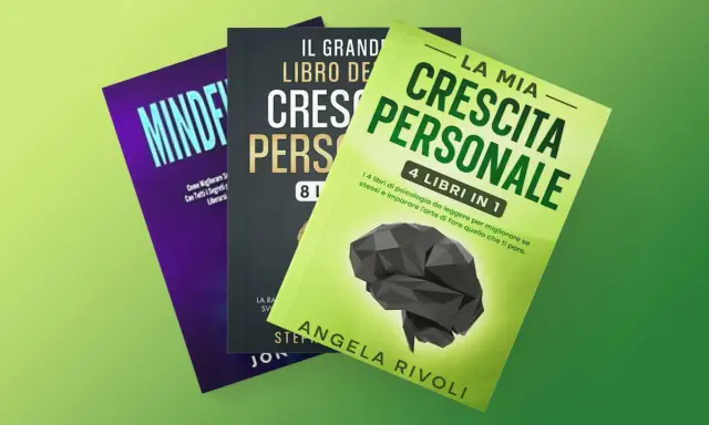 Tre libri per la crescita personale, uno verde brillante con un cervello stilizzato, uno nero e uno viola, disposti su uno sfondo verde.
