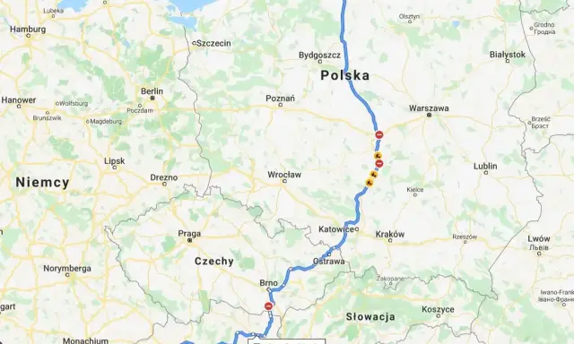 Trasa z Gdyni do Hallstatt, pokazująca podróż samochodem przez Polskę, Czechy i Austrię.