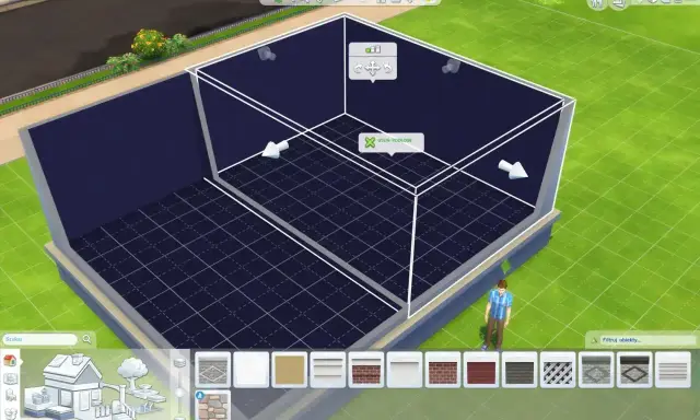Budowanie w The Sims 4: jak zrobić pół płytki. Widok na pusty pokój z siatką podłogową i narzędziami do budowy.