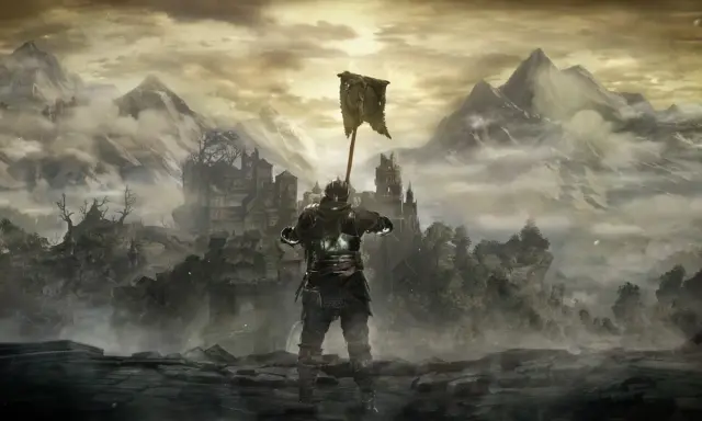 Rycerz w zbroi z chorągwią wzniesioną ku niebu, na tle mglistych gór i zrujnowanego zamku. Klimat rodem z **Dark Souls**.