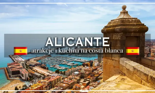 Widok na Alicante z portem pełnym łodzi, plażą i zabytkową wieżą strażniczą.