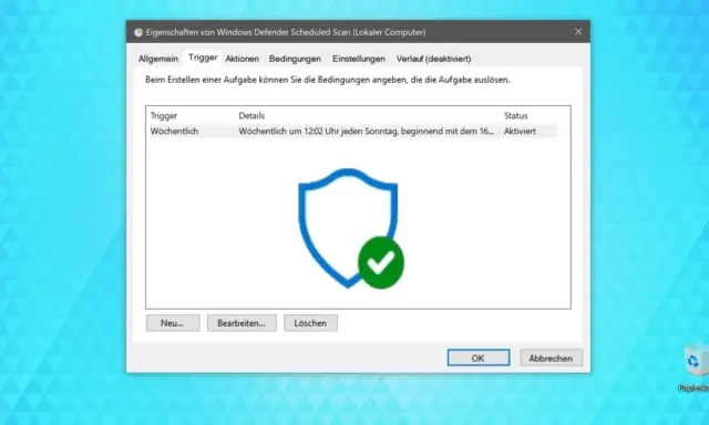 Windows Defender plant wöchentliche viren scan. Ein Schild mit Häkchen symbolisiert Sicherheit.