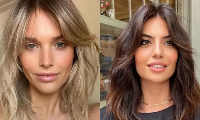 Dwie kobiety prezentują stylowe fryzury do ramion: jedna z blond włosami i grzywką, druga z ciemnymi, falowanymi włosami.
